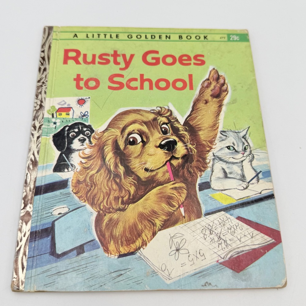 Vintage 1962 Little Golden Book Rusty Goes to School 456 Puppy Dog French Story